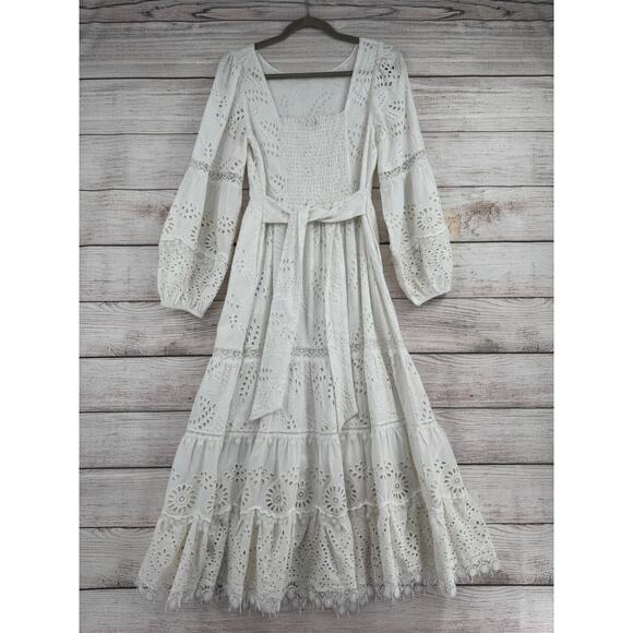Kobi Halperin Eyelet Crochet Embroidered Midi Dress Womens Small White Tie Back - Picture 2 of 14